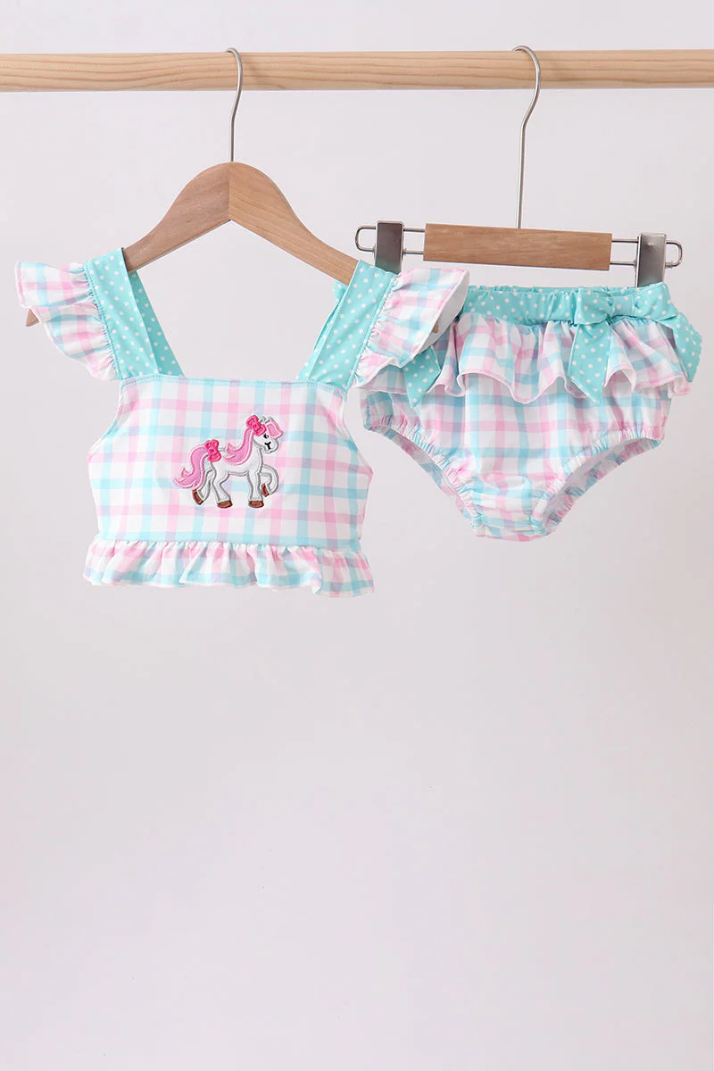 Green plaid horse applique 2pc swimsuit