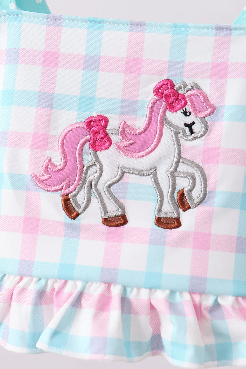Green plaid horse applique 2pc swimsuit - Image 4
