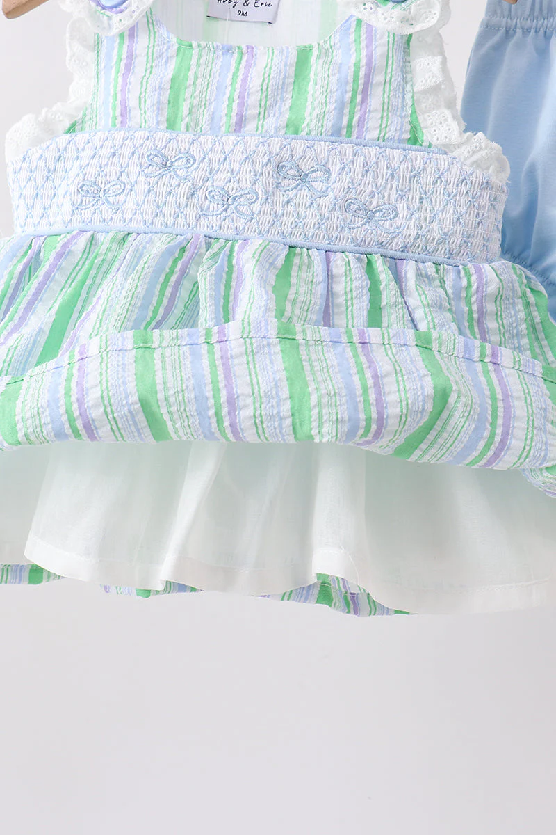 Green Stripe Smocked Bow Seersucker Bloomer Set - Image 4
