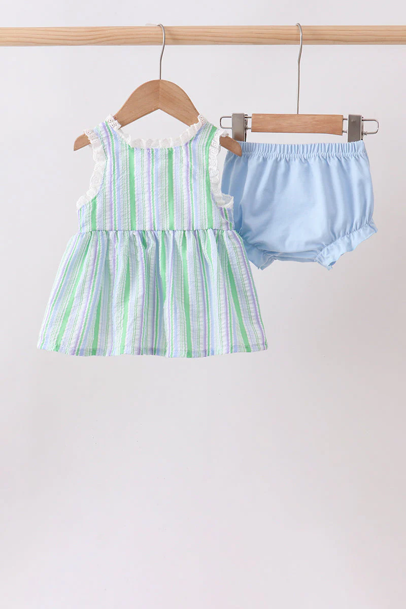 Green Stripe Smocked Bow Seersucker Bloomer Set - Image 5