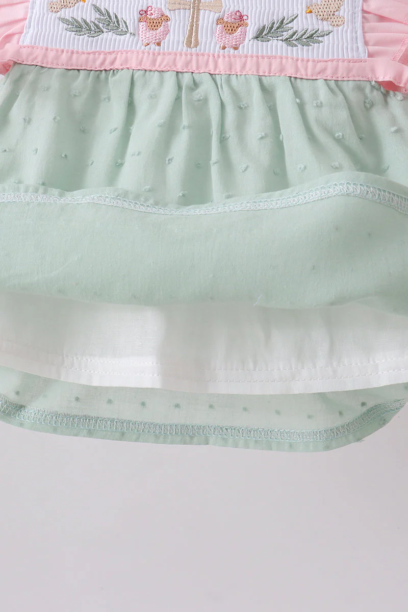Green swiss dot cross sheep ruffle bloomer set - Image 4