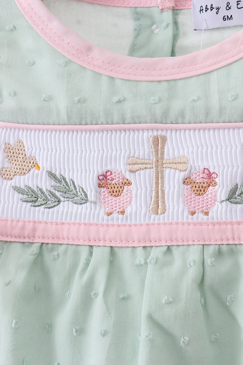 Green swiss dot cross sheep ruffle bubble - Image 2