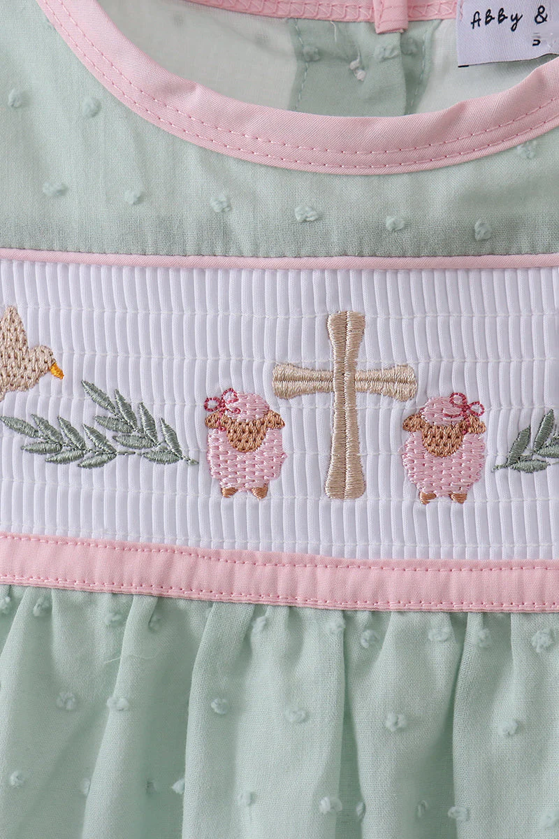 Green swiss dot cross sheep ruffle dress - Image 3