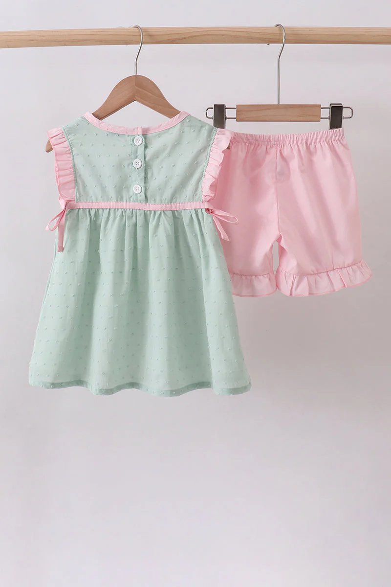 Green swiss dot cross sheep ruffle shorts set - Image 6
