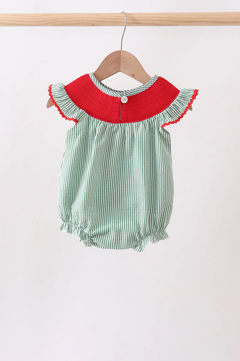Green Watermelon Stripe Smocked Embroidered Seersucker Bubble - Image 2