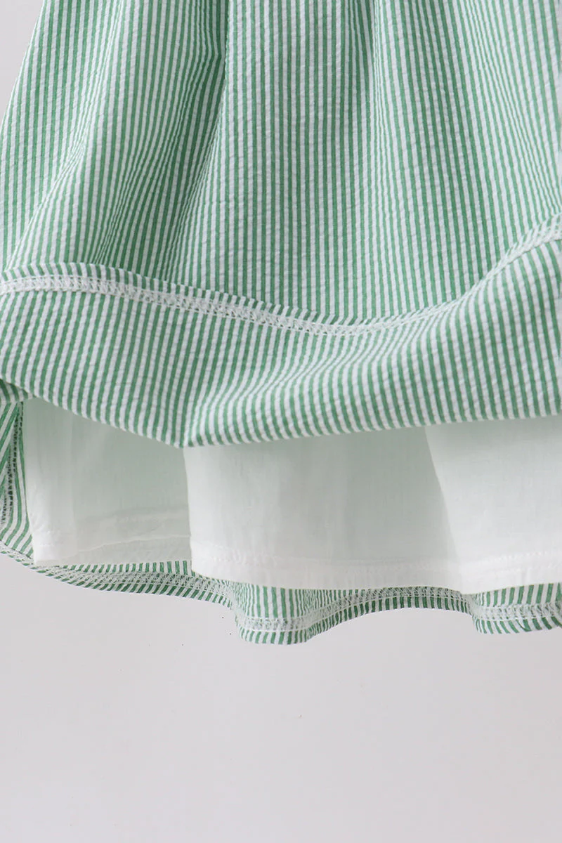 Green Watermelon Stripe Smocked Embroidered Seersucker Dress - Image 2