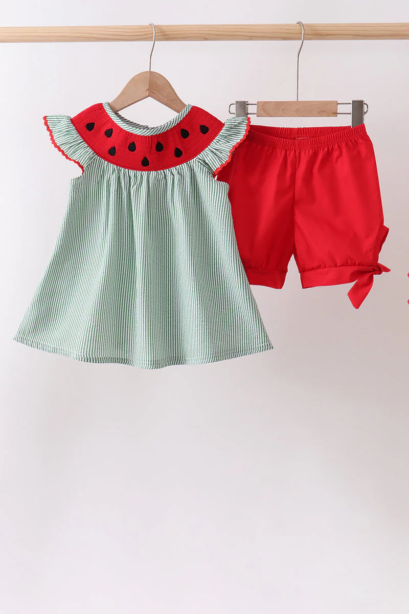 Green Watermelon Stripe Smocked Embroidered Seersucker Set
