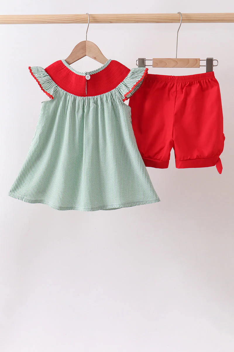 Green Watermelon Stripe Smocked Embroidered Seersucker Set - Image 3