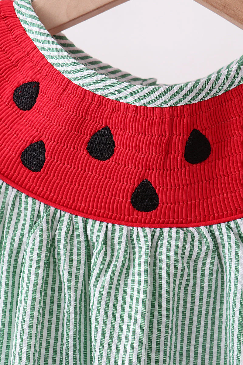 Green Watermelon Stripe Smocked Embroidered Seersucker Set - Image 6