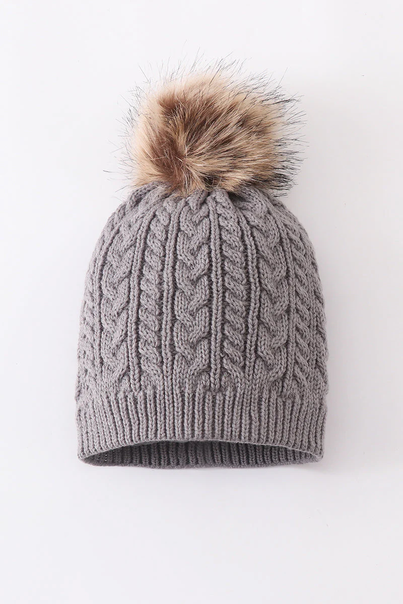Grey cable knit pom pom beanie hat baby toddler adult - Image 2