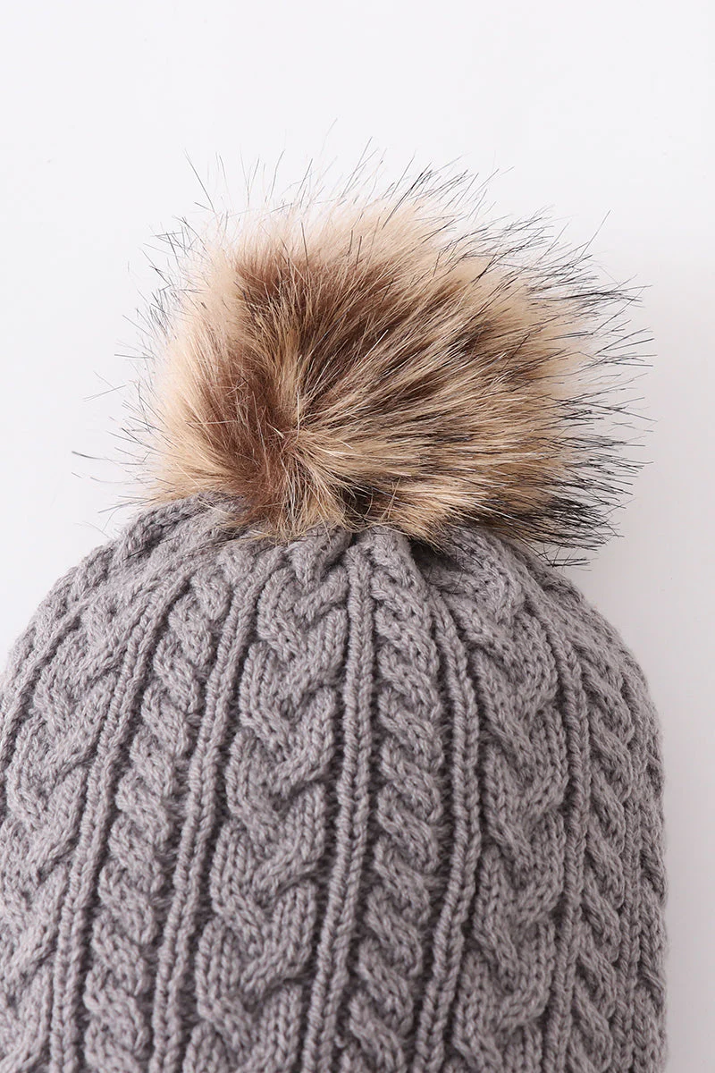 Grey cable knit pom pom beanie hat baby toddler adult - Image 3