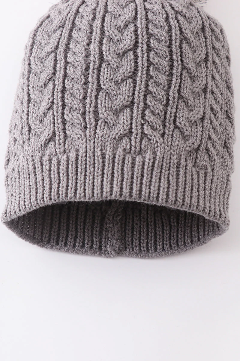Grey cable knit pom pom beanie hat baby toddler adult - Image 4