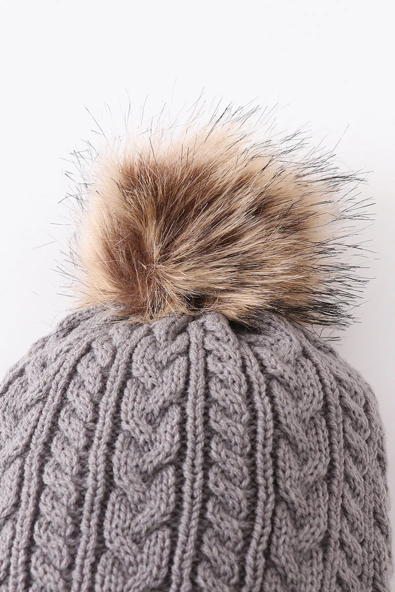 Grey cable knit pom pom beanie hat baby toddler adult - Image 5