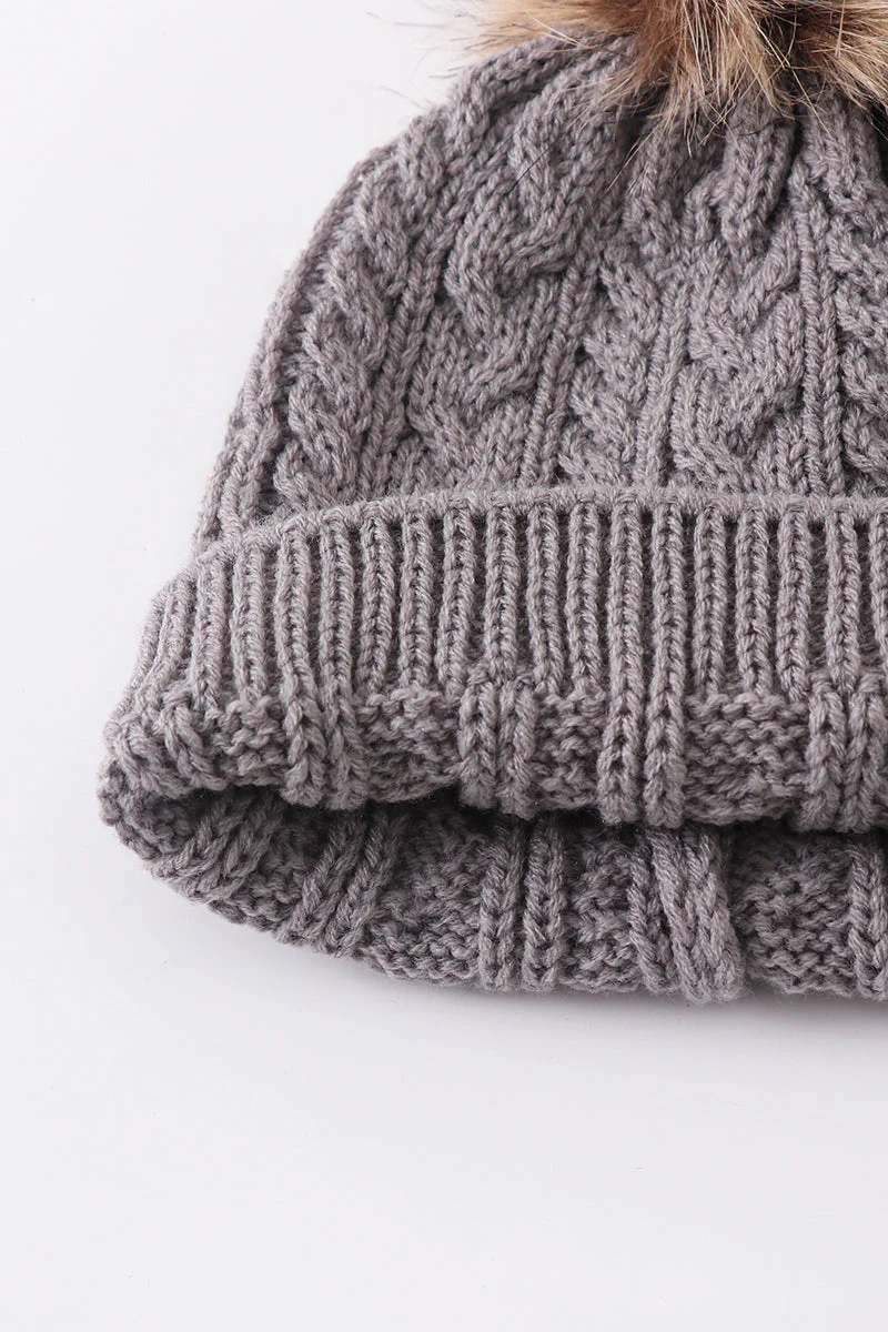 Grey cable knit pom pom beanie hat baby toddler adult - Image 6