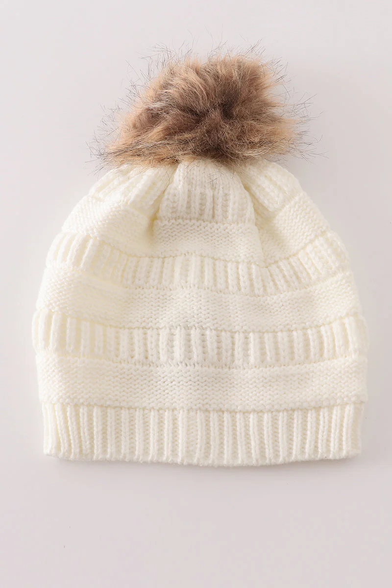 Ivory pompom cable beanie hat - Image 3