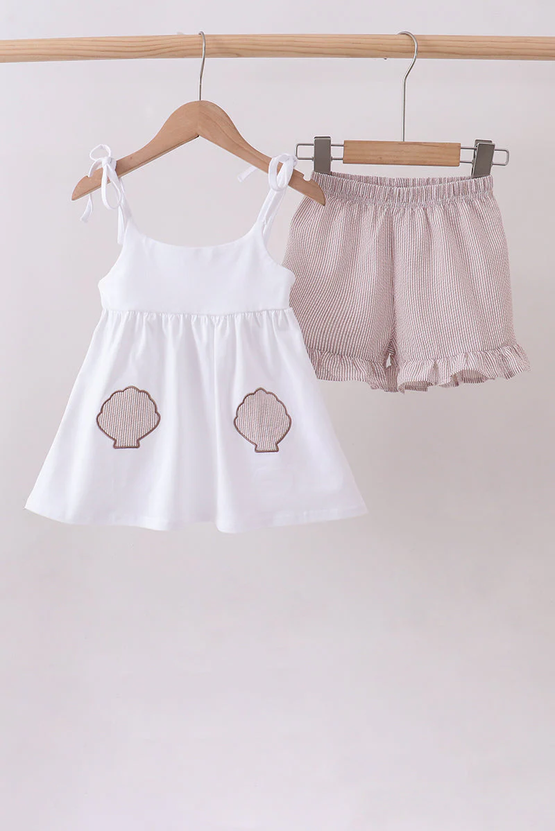 Ivory shell embroidery ruffle shorts set
