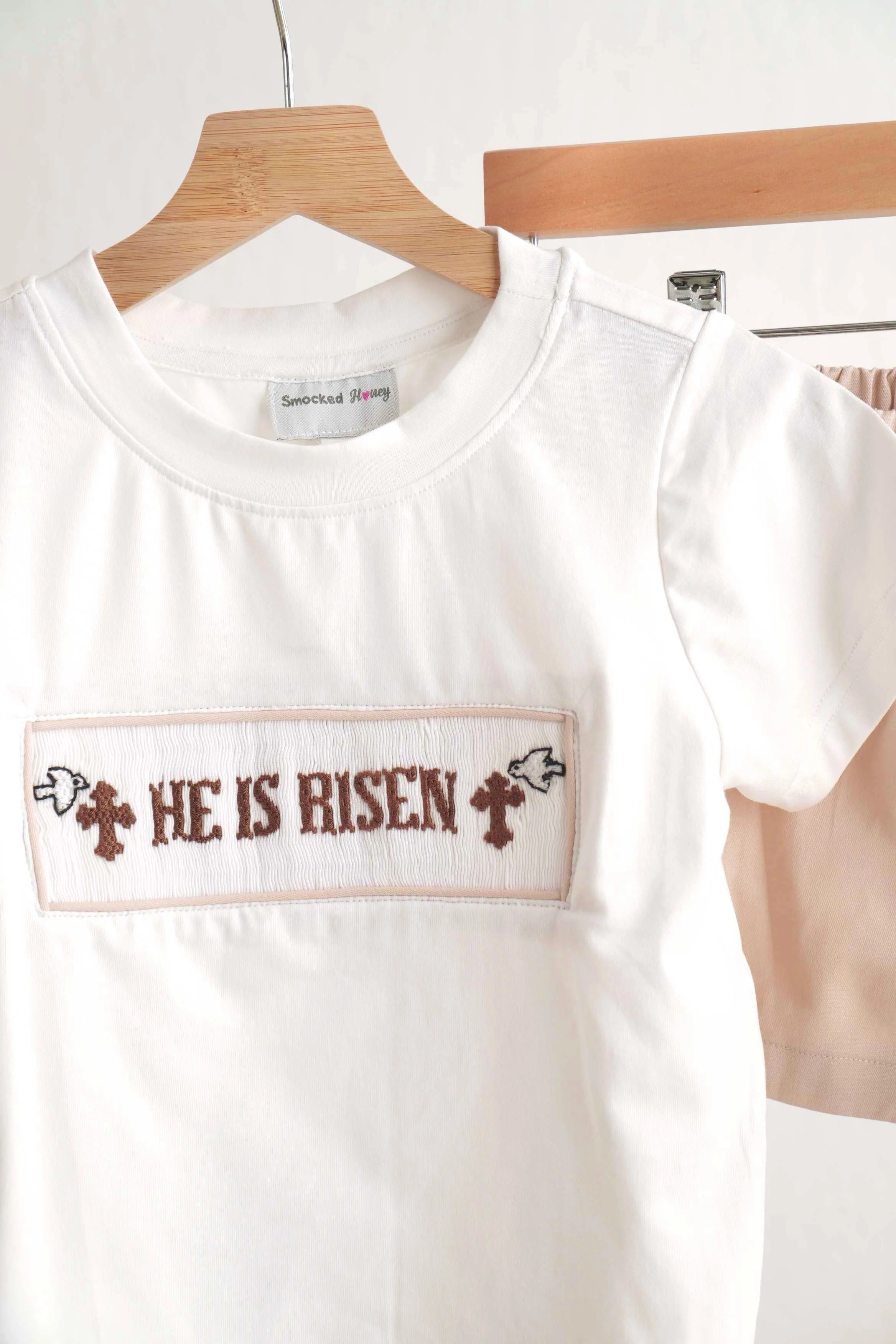 Khaki he is risen hand-smocked boy set - Image 2