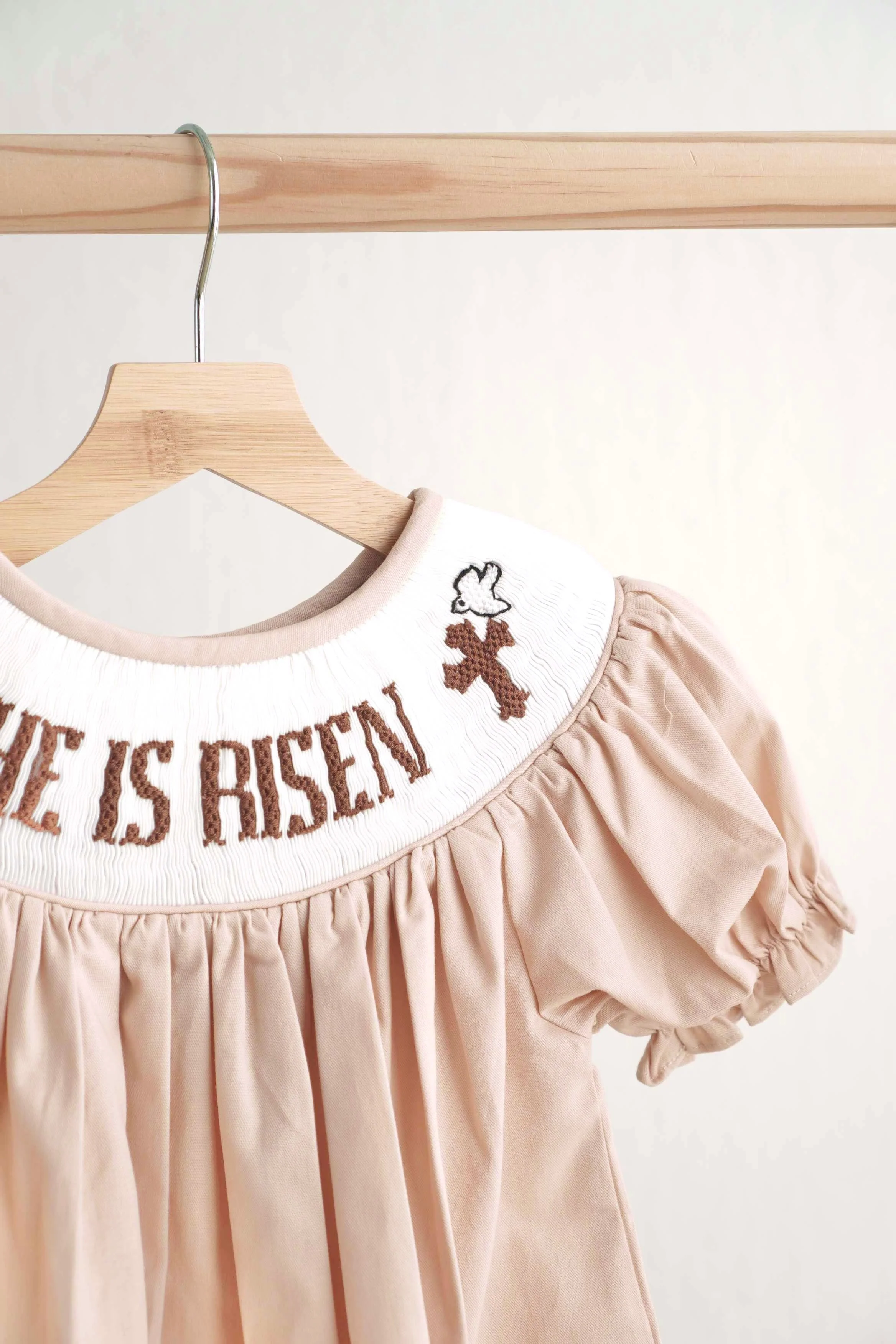 Khaki he is risen hand-smocked girl dress - Image 2