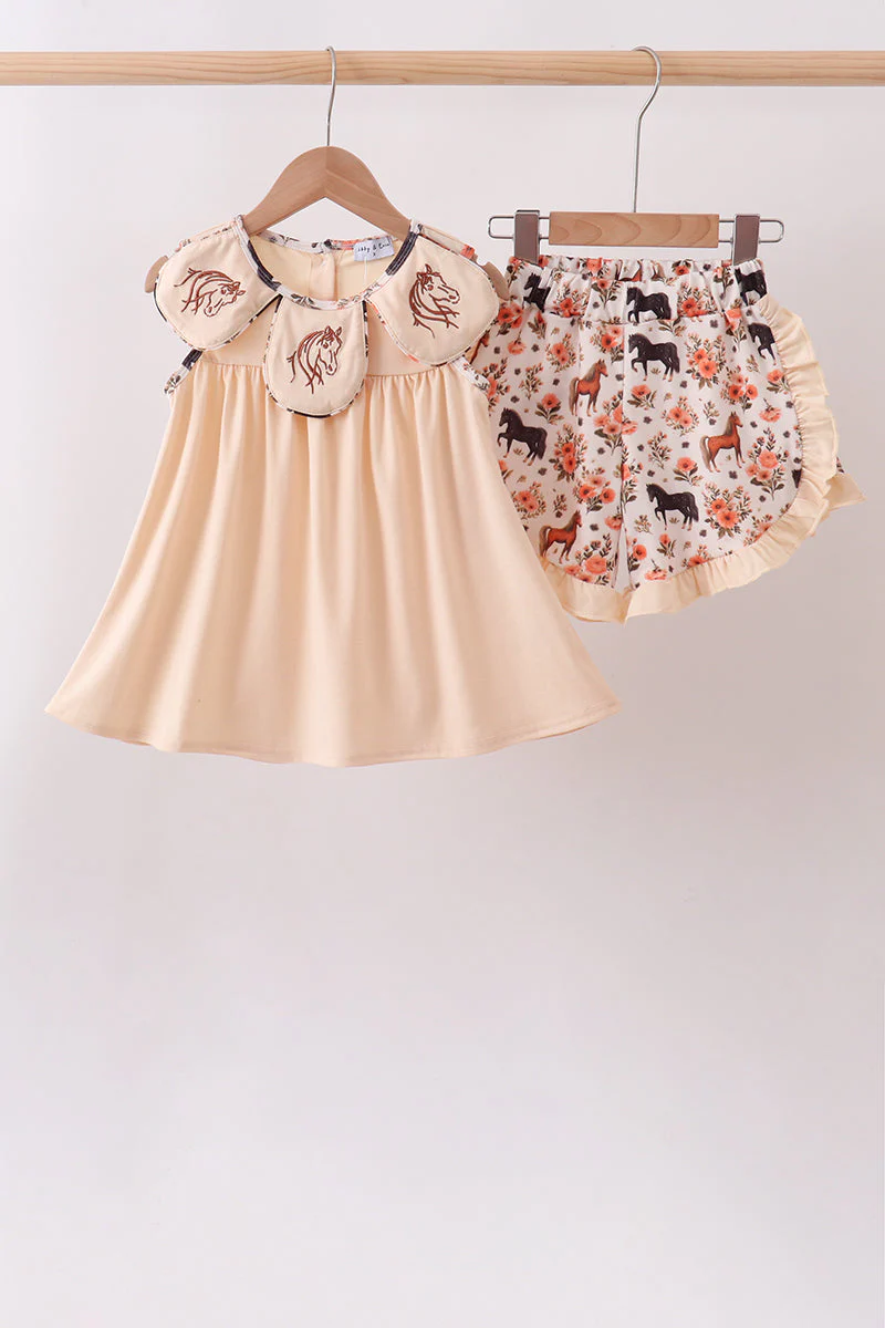 Khaki horse embroidery ruffle shorts set - Image 2