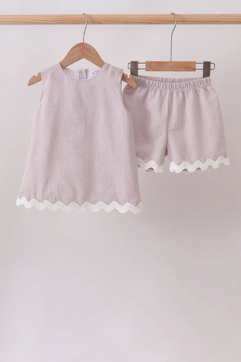 Khaki Seersucker Stripe Scalloped Shorts Set