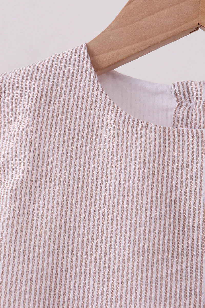 Khaki Seersucker Stripe Scalloped Shorts Set - Image 3