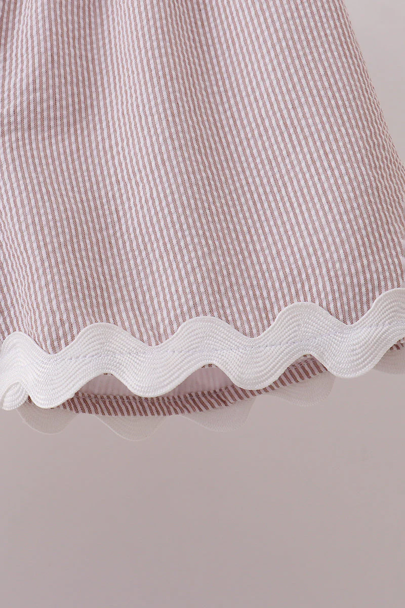 Khaki Seersucker Stripe Scalloped Shorts Set - Image 4