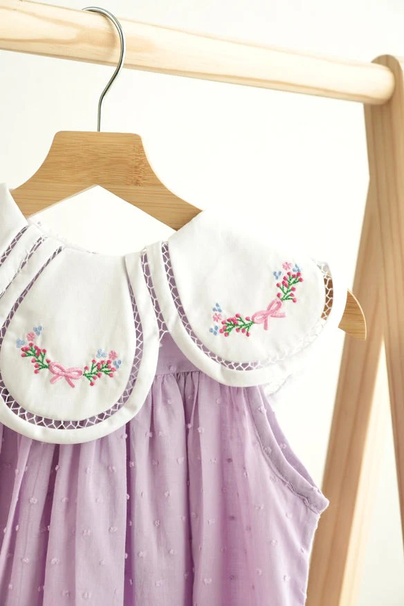 Lavender floral bow embroidery swiss dot girl dress - Image 2