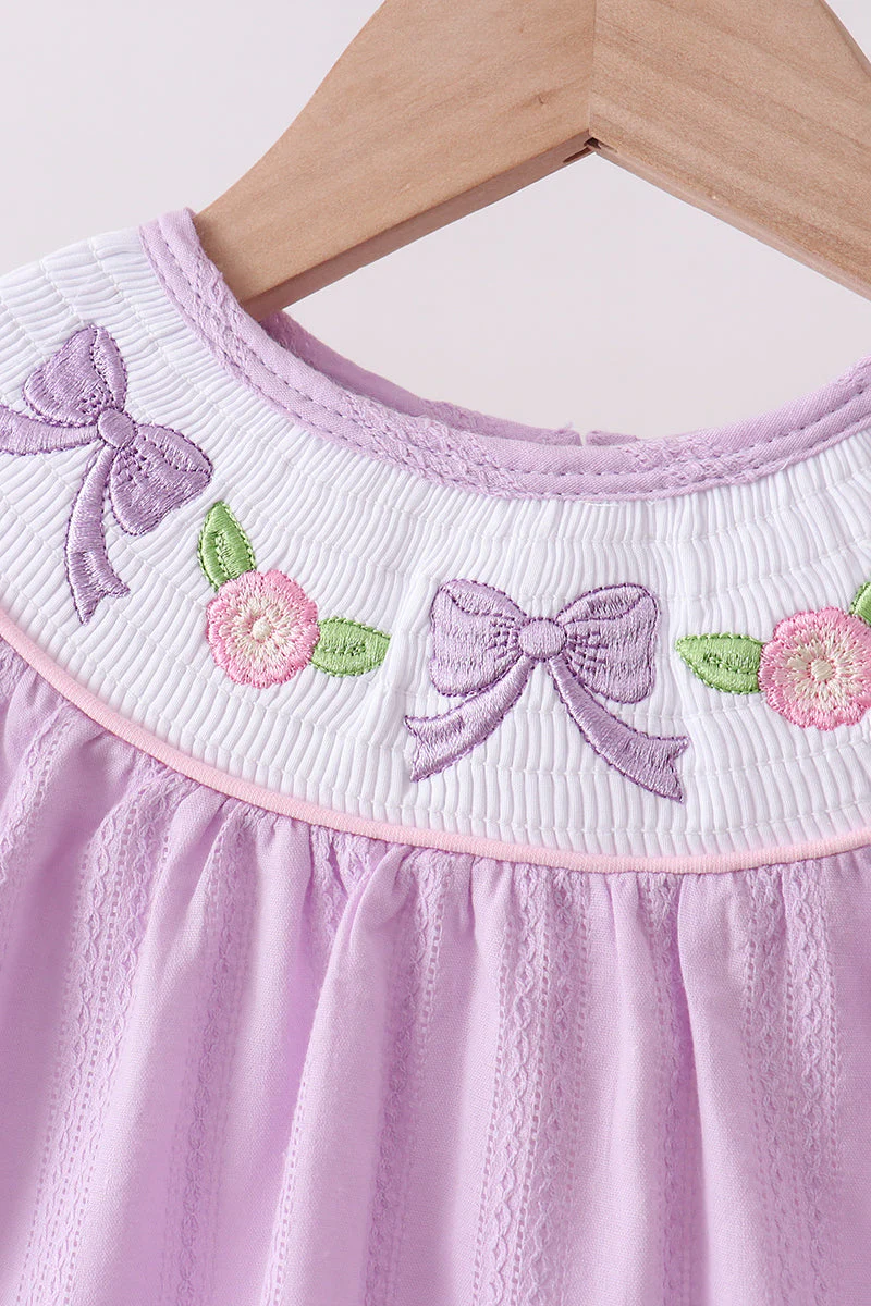 Lavender Smocked Embroidered Bow Jacquard Bloomer Set - Image 2