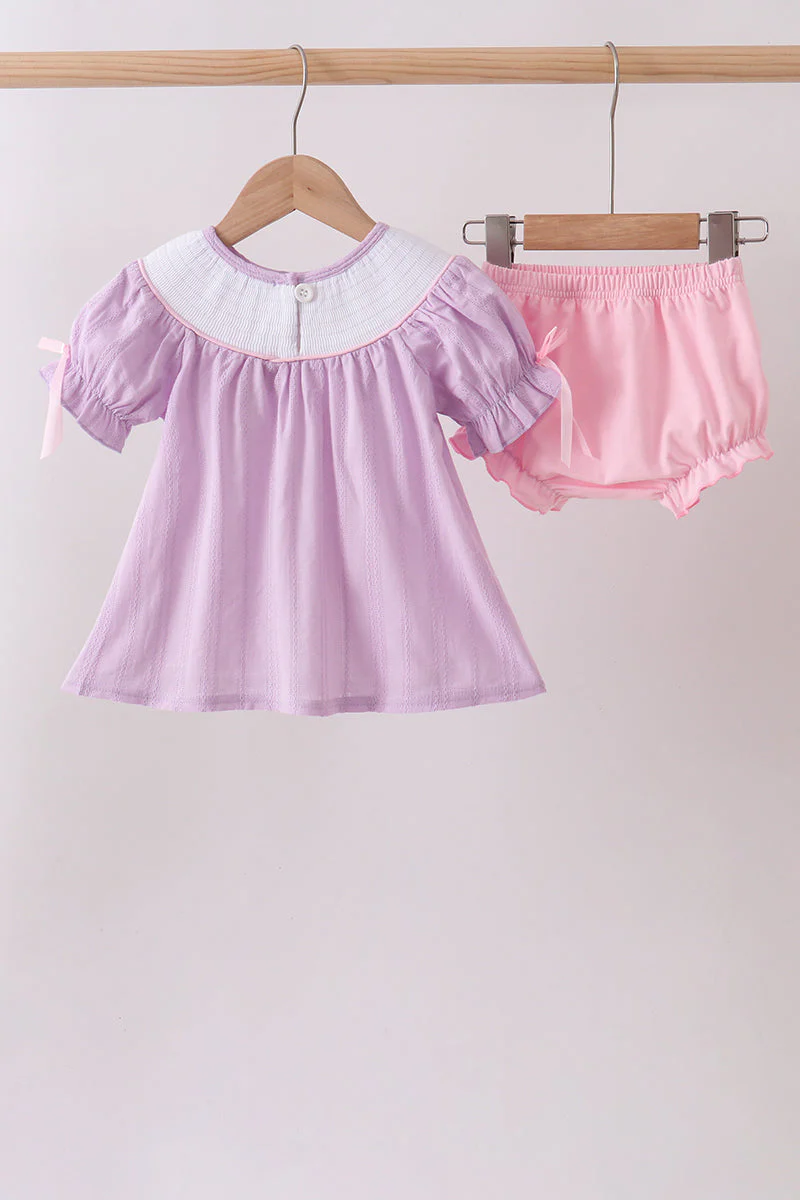 Lavender Smocked Embroidered Bow Jacquard Bloomer Set - Image 6