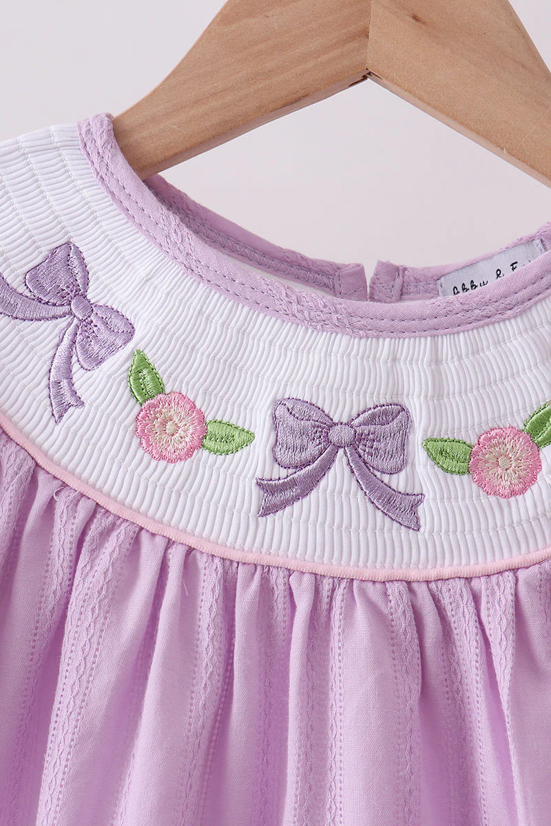 Lavender Smocked Embroidered Bow Jacquard Dress - Image 2