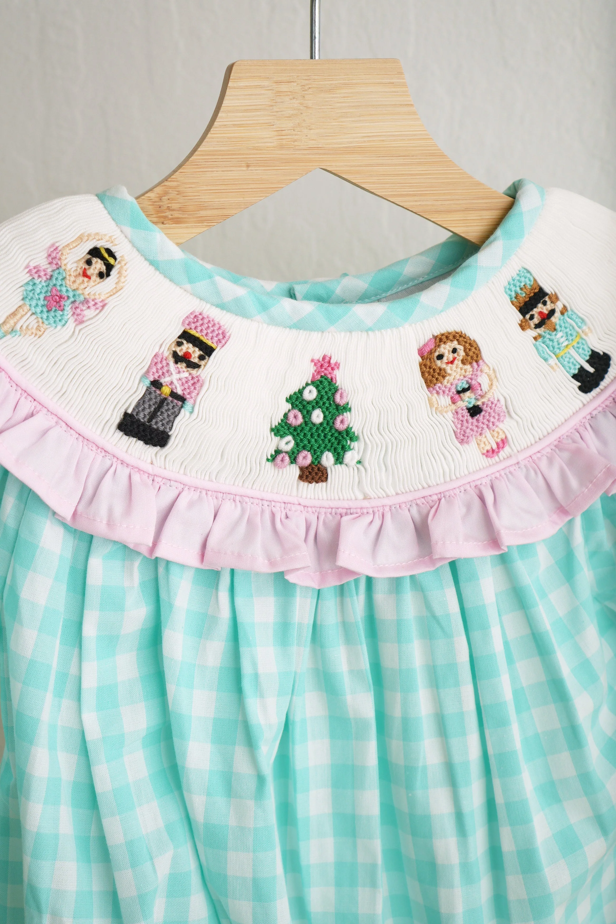 Mint christmas nutcracker hand smocked gingham bubble - Image 3