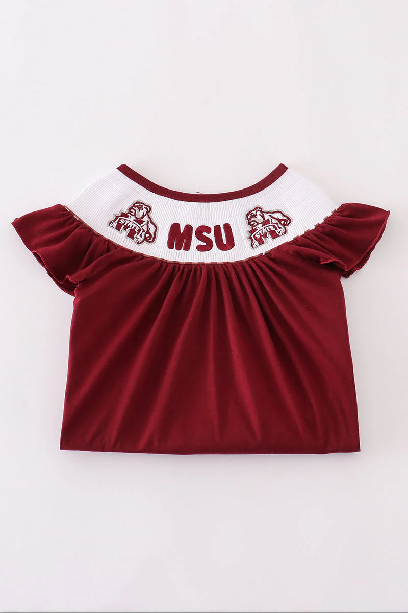 Mississippi MSU embroidery smocked gingham ruffle set - Image 5