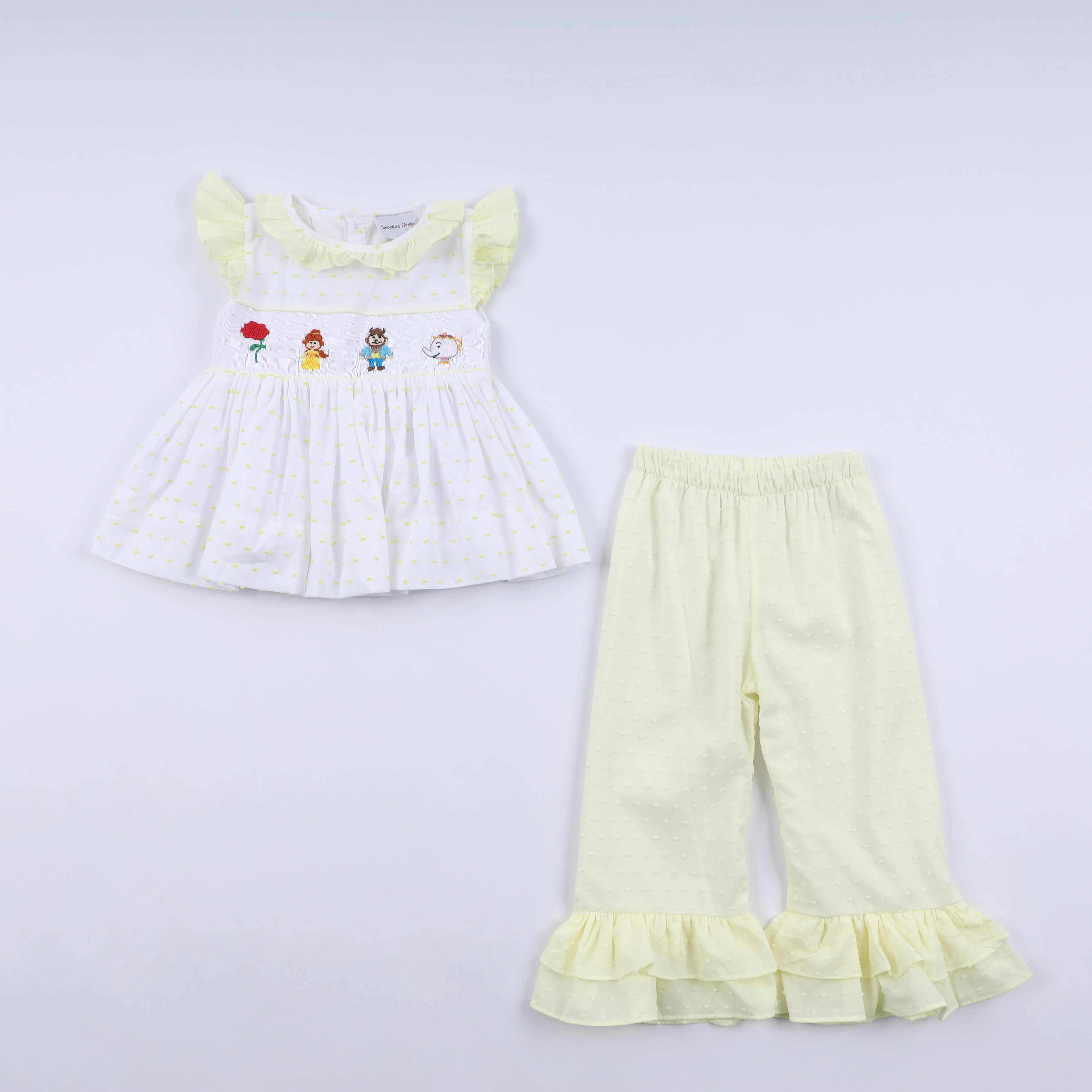 Mustard character hand smocked ruffle pants set