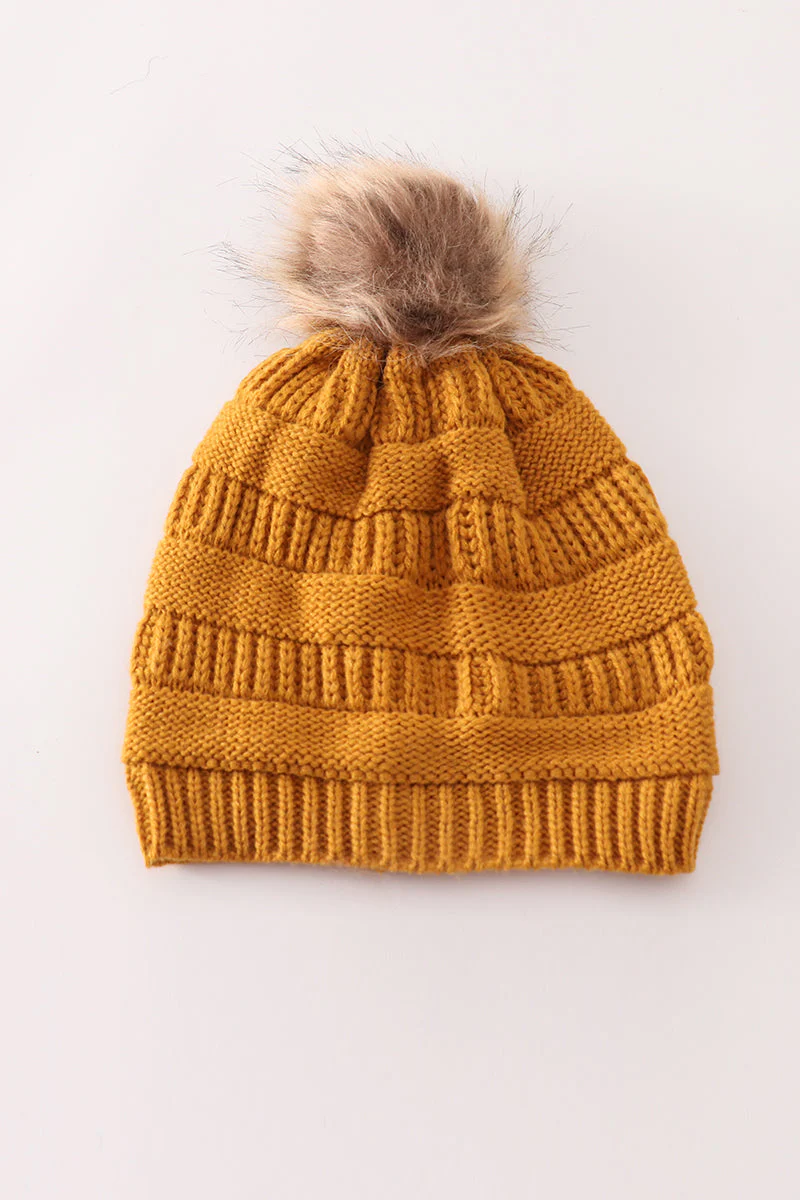 Mustard pompom cable beanie hat - Image 2