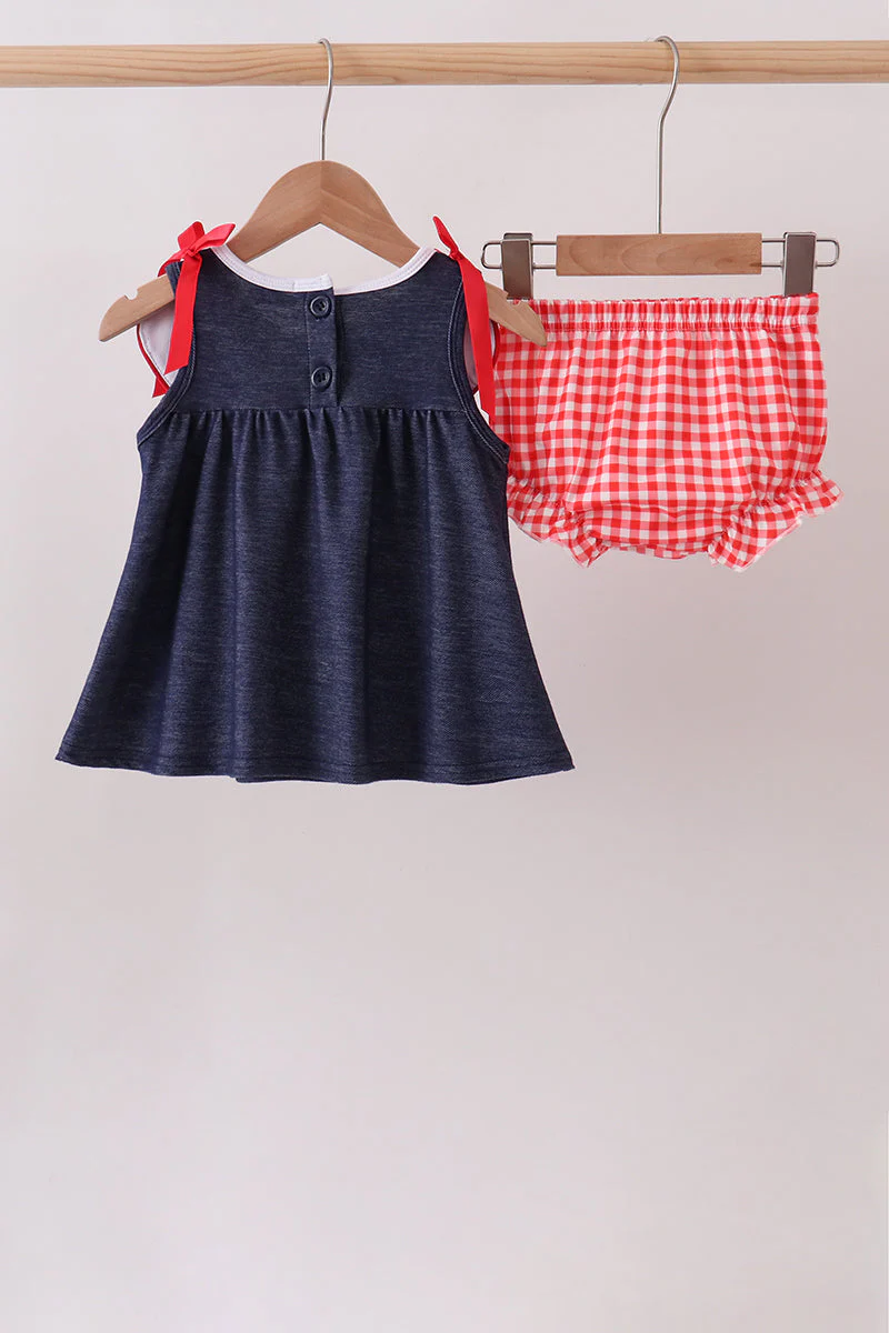 Navy Apple Applique Denim Bloomer Set - Image 4