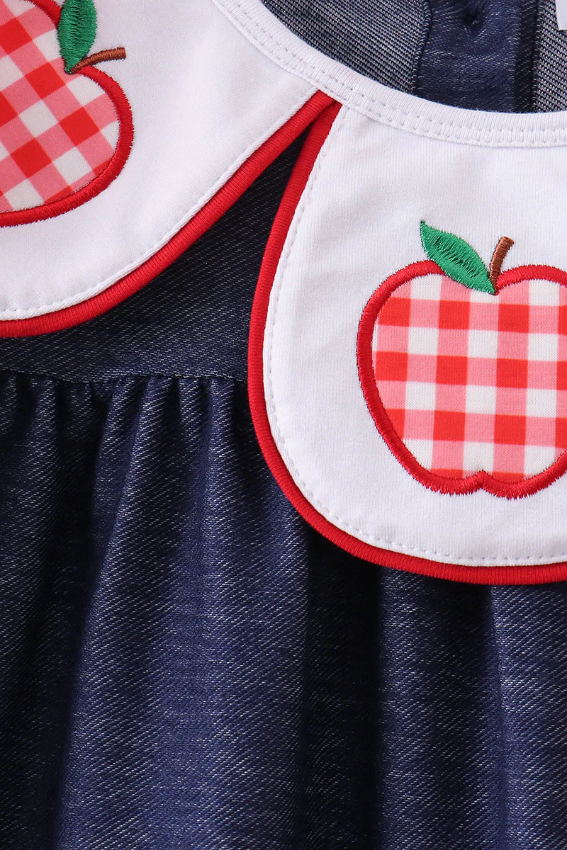 Navy Apple Applique Denim Dress - Image 2