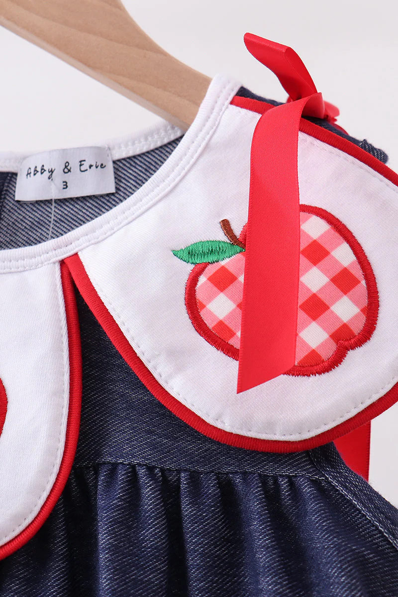 Navy Apple Applique Denim Dress - Image 3