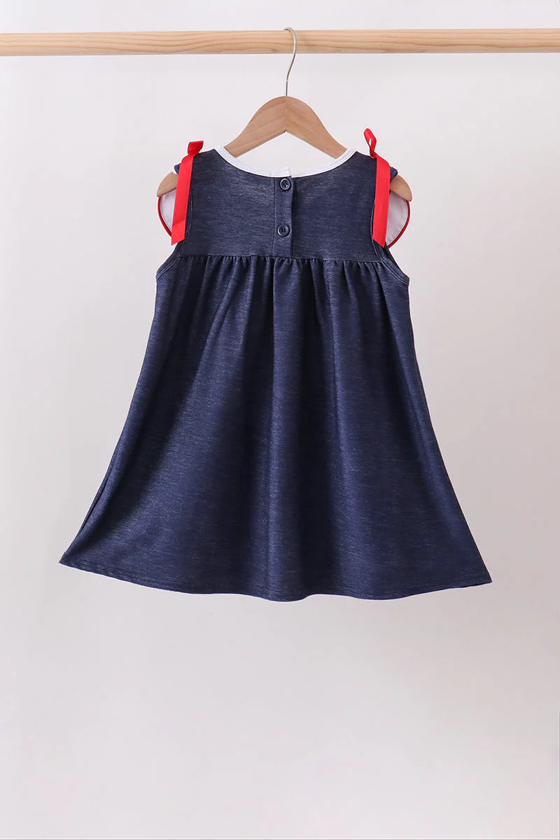 Navy Apple Applique Denim Dress - Image 5