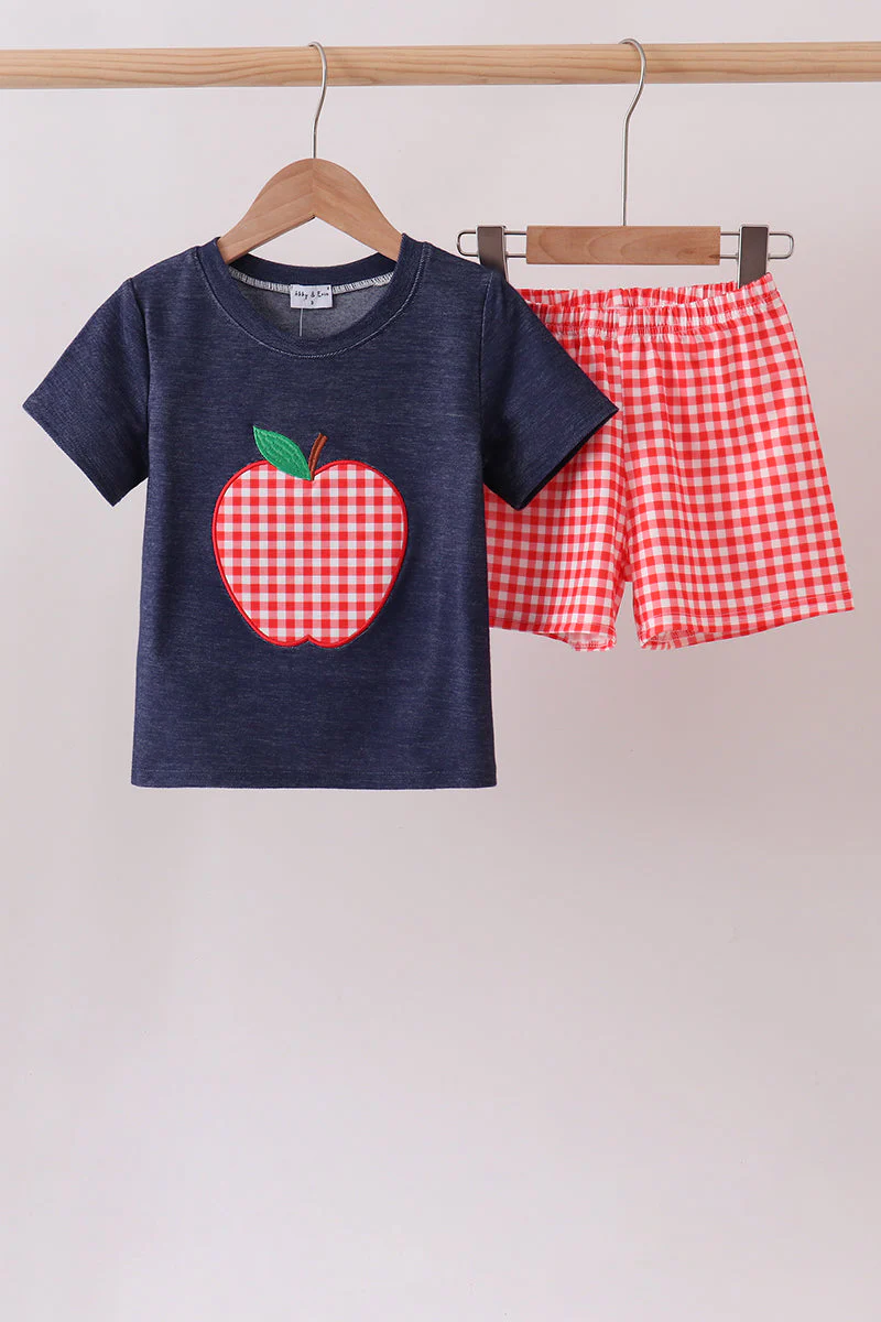 Navy Apple Applique Denim Set