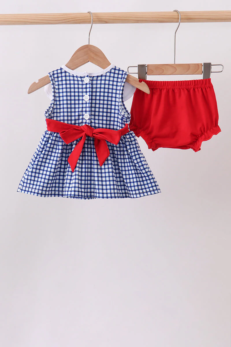 Navy Apple Embroidered Gingham Bloomer Set - Image 5
