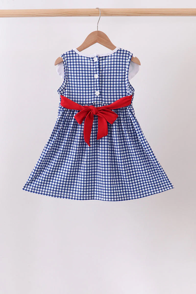 Navy Apple Embroidered Gingham Dress - Image 2