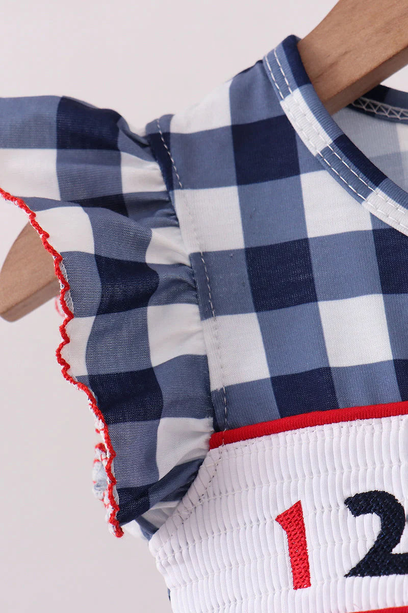 Navy Apple Smocked Gingham Bloomer Set - Image 4