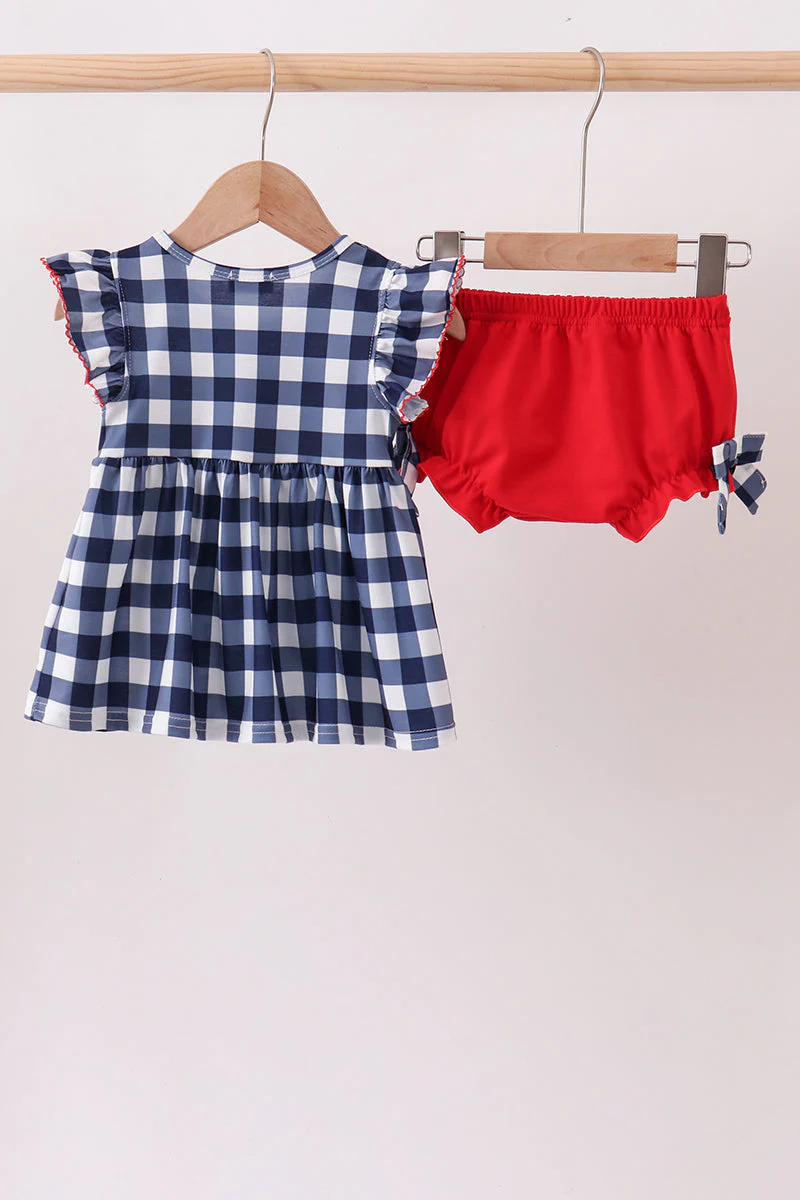 Navy Apple Smocked Gingham Bloomer Set - Image 5