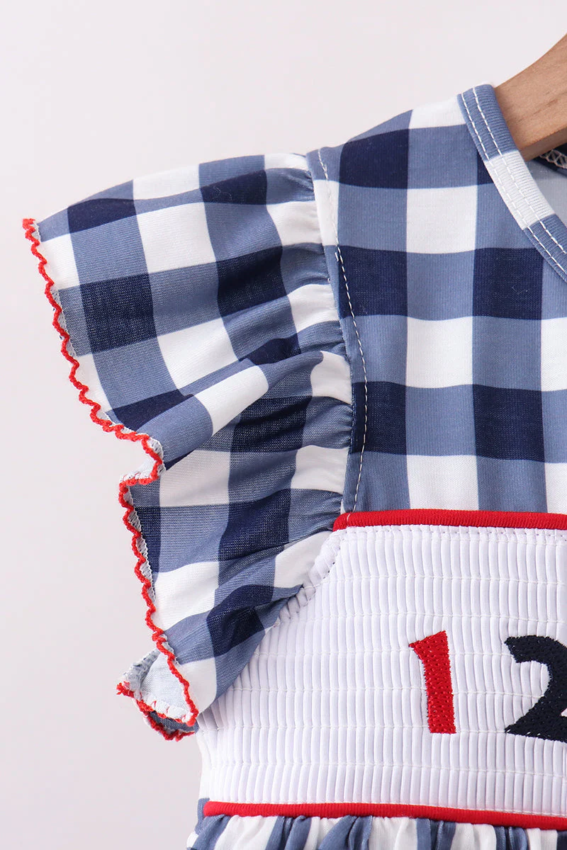 Navy Apple Smocked Ruffle Gingham Set - Image 4