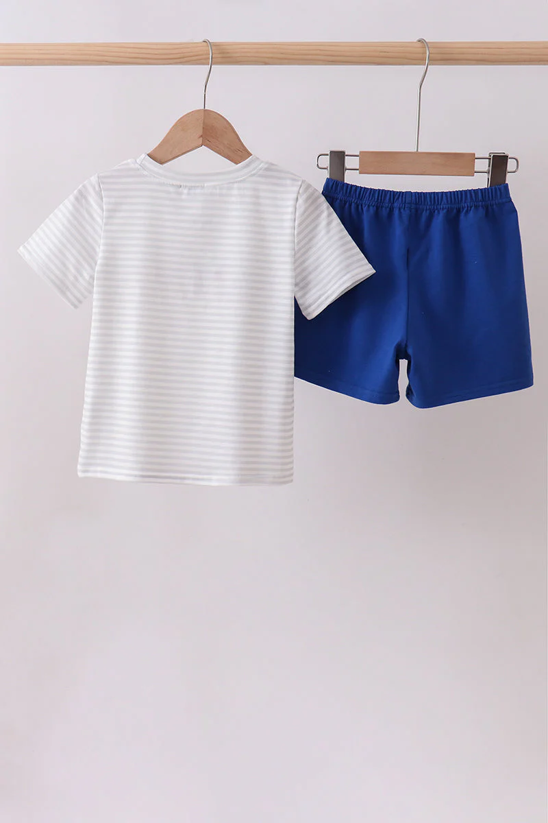 Navy bow applique stripe shorts set - Image 5