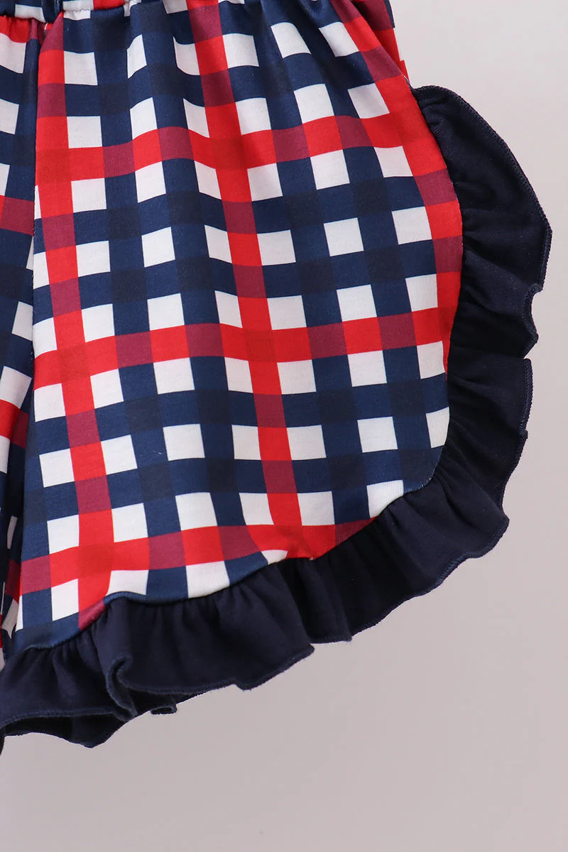 Navy flag applique gingham ruffle shorts set - Image 3