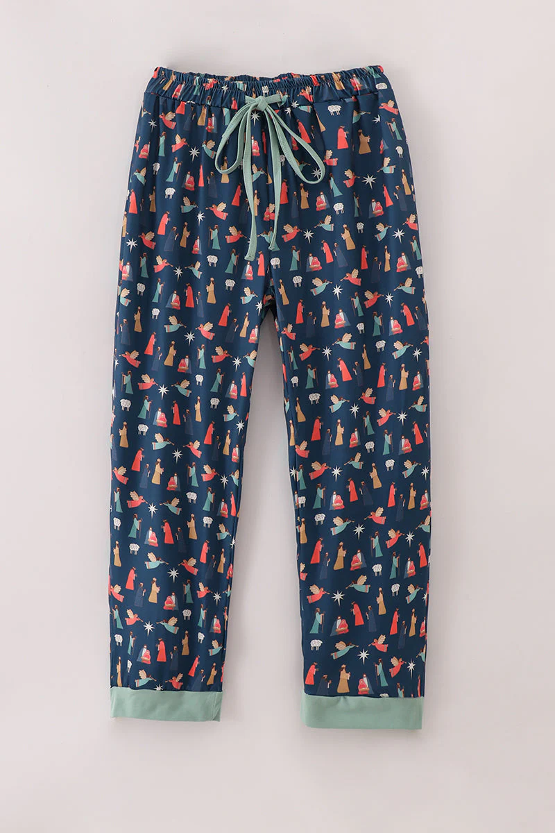 Navy nativity print mom pajamas pants