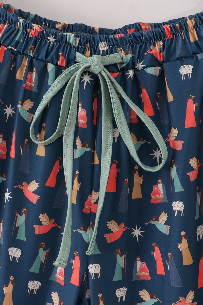 Navy nativity print mom pajamas pants - Image 2