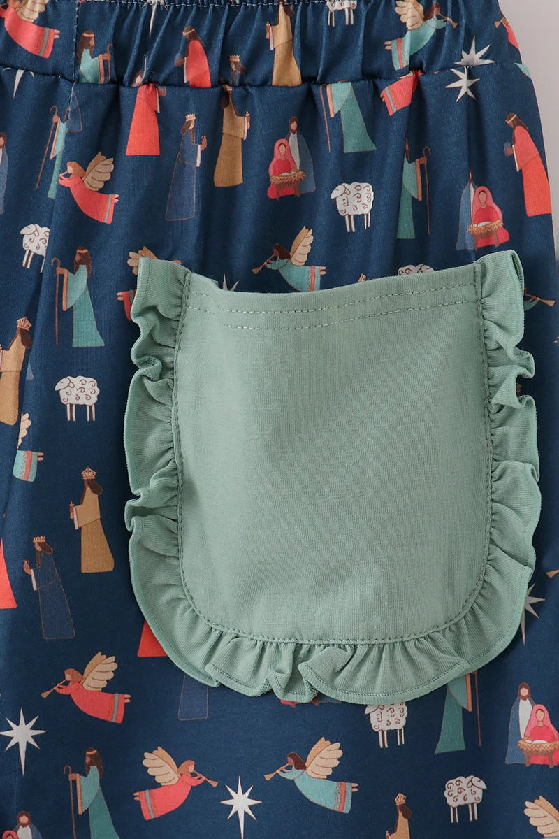 Navy nativity print mom pajamas pants - Image 4