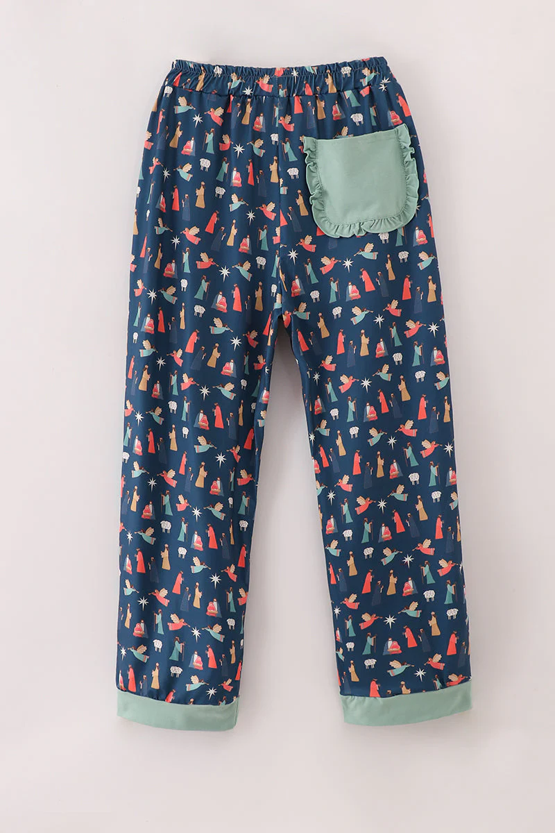 Navy nativity print mom pajamas pants - Image 5